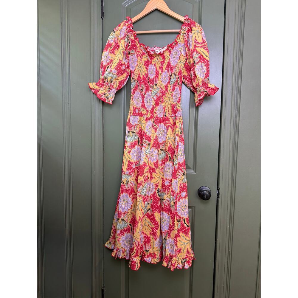 EUC Rhode Resort Eva Smocked Floral Puff Sleeve Maxi Cotton Red Dress Size Small